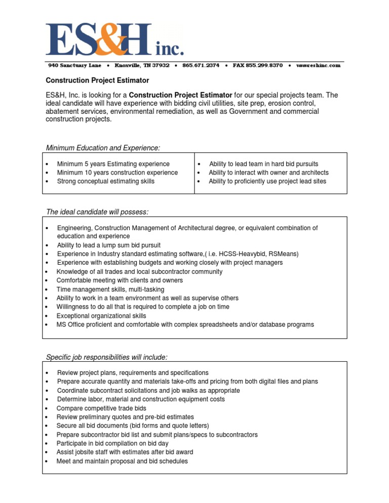 Construction Project Estimator: Minimum Education and Experience | PDF