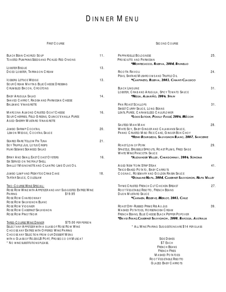 Upscale Dinner Menu with Wine Pairings | PDF | Salad | Western Cuisine