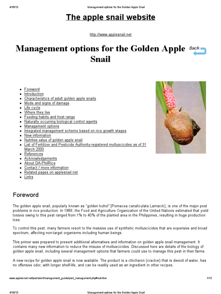 Management Options For The Golden Apple Snail Pdf Agriculture Nature