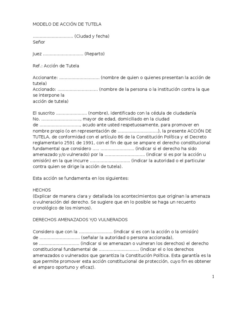 Ejemplo de Acción de Tutela | PDF | Derecho Constitucional | Caso de ley
