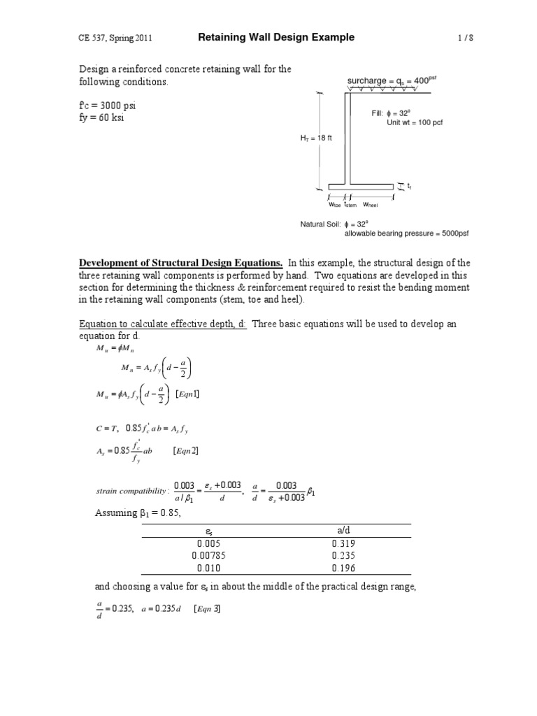 Reinforced Concrete Retaining Wall Design | PDF