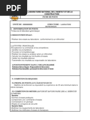 Exemple De Fiche De Poste D Un Technicien Laboratoire Geotechnique Pdf