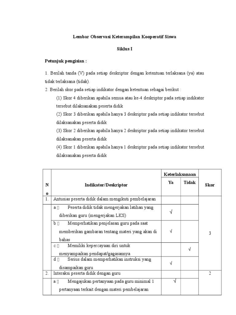 Lembar Observasi Keterampilan Kooperatif Siswa