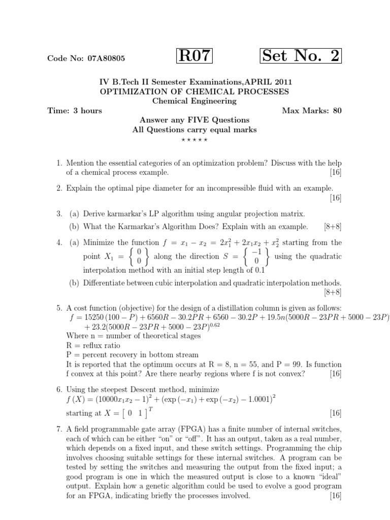 Chemical Process Optimization Exam 2011 | PDF | Mathematical ...