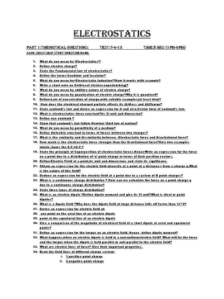 Questions Bank On ELECTROSTATICS | PDF | Electric Charge | Electric Field