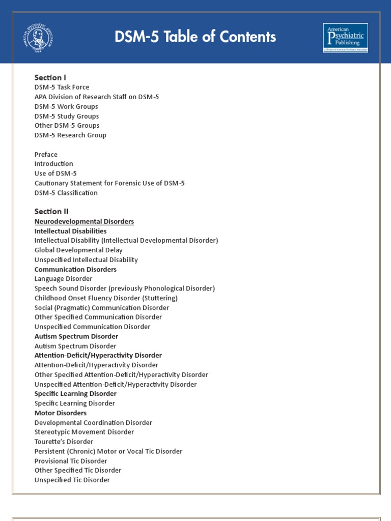 Dsm 5 table of contents section i