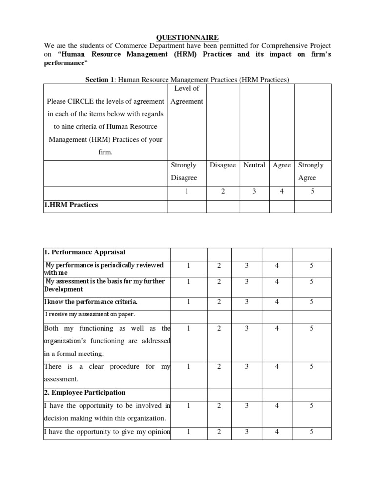 Final Questionnaire On HRM PDF Human Resource Management Employment