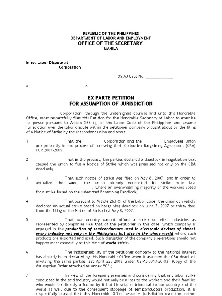 Ex Parte Petition To Assume Jurisdiction PDF Strike Action
