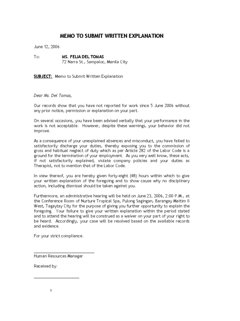 Memo for Written Explanation Submission | PDF | Employment | Justice