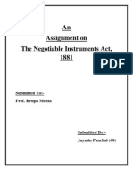 An Assignment On The Negotiable Instruments Act, 1881: Submitted To:-Prof. Krupa Mehta