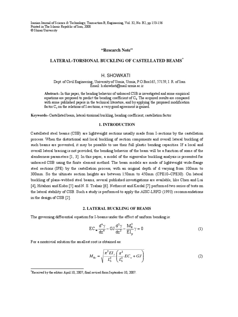 Lateral Torsional Buckling of Castellated Beams | PDF | Bending | Buckling
