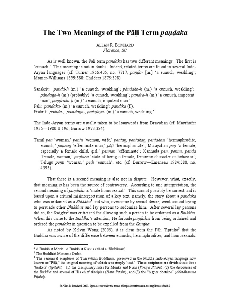 The Two Meanings Of The Paḷi Term Paṇḍaka Florence Sc Pali Indian Religions