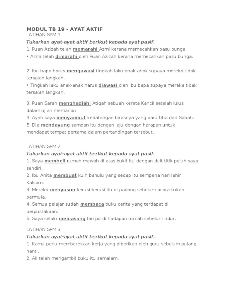 Latihan Ayat Aktif Dan Ayat Pasif Spm Pdf