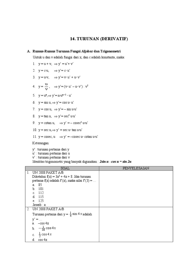Soal Un Turunan Trigonometri Dunia Sekolah