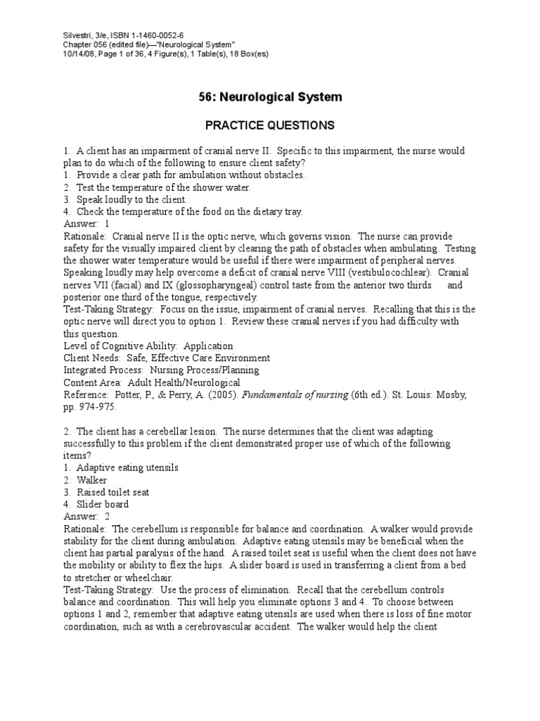 56: Neurological System: Practice Questions | PDF