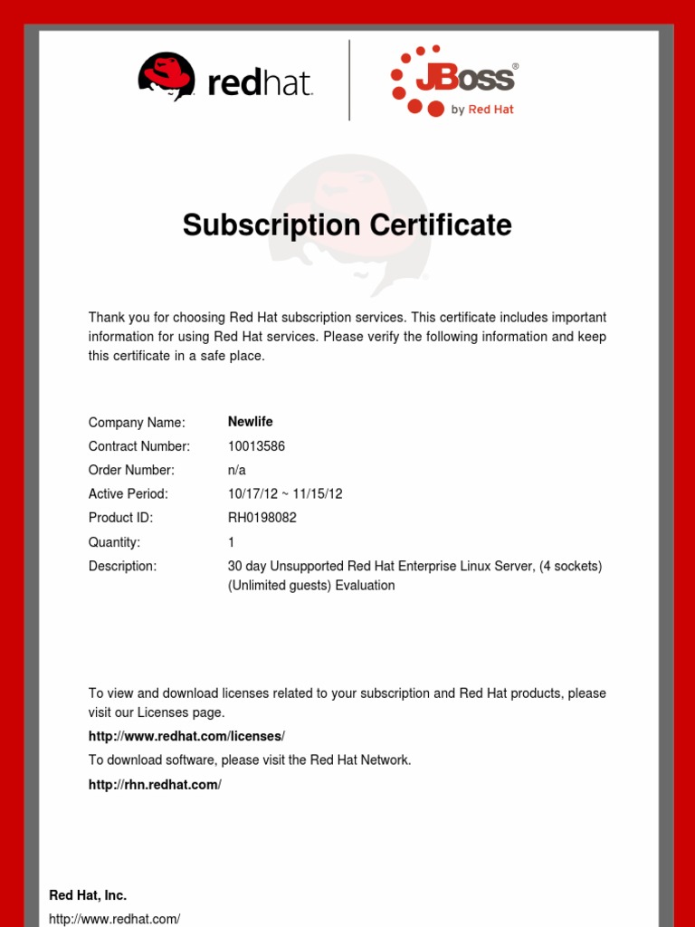 Red Hat Subscription Certificate