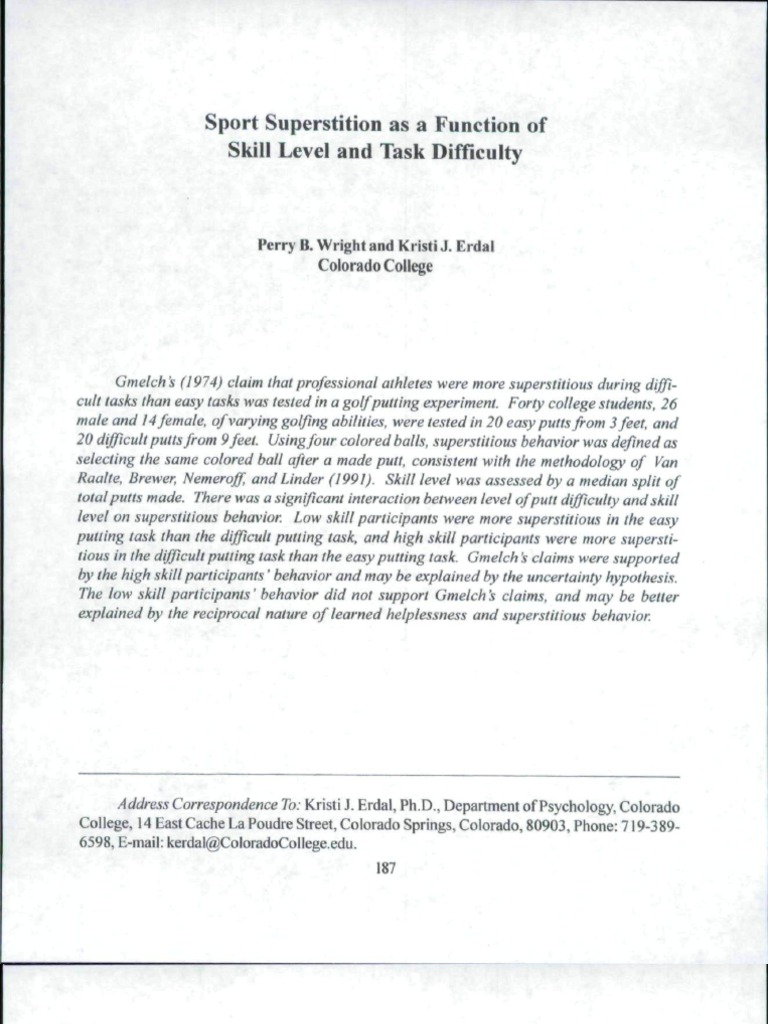 Sport Superstition and Difficulty of Sport Task PDF Superstitions