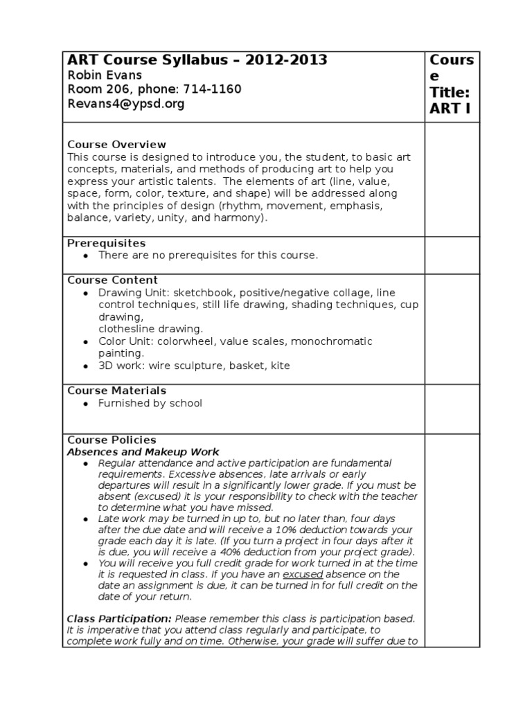 ART I Course Syllabus 2012-2013 | PDF | Homework | Drawing