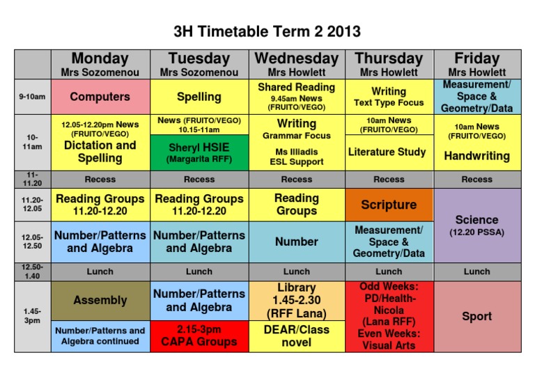 3H Term 2 2013 Weekly Timetable | PDF