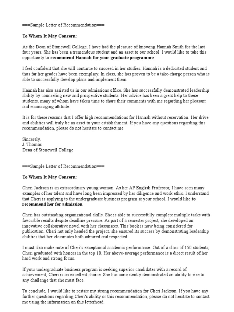 Leadership Recommendation Letter