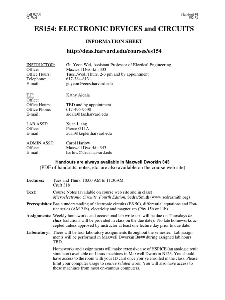 Course Syllabus and Schedule for ES154 Electronic Devices and Circuits
