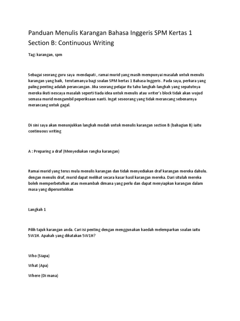 Panduan Menulis Karangan Bahasa Inggeris Spm Kertas 1 Section B Pdf