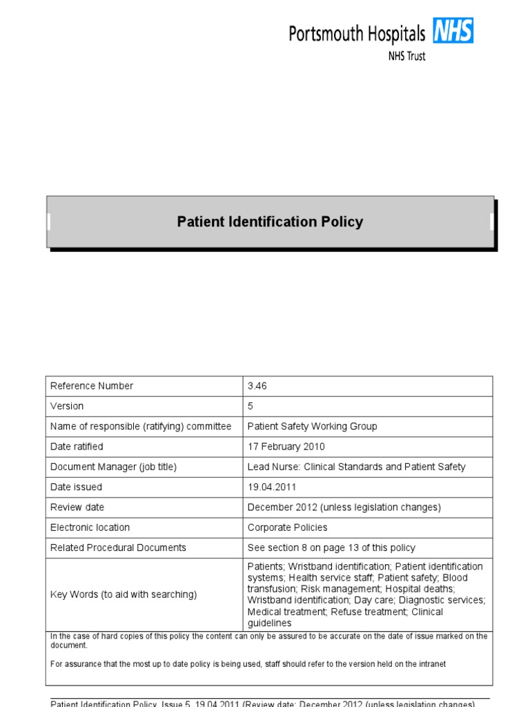 Patient Identification Policy PDF Patient Safety Patient