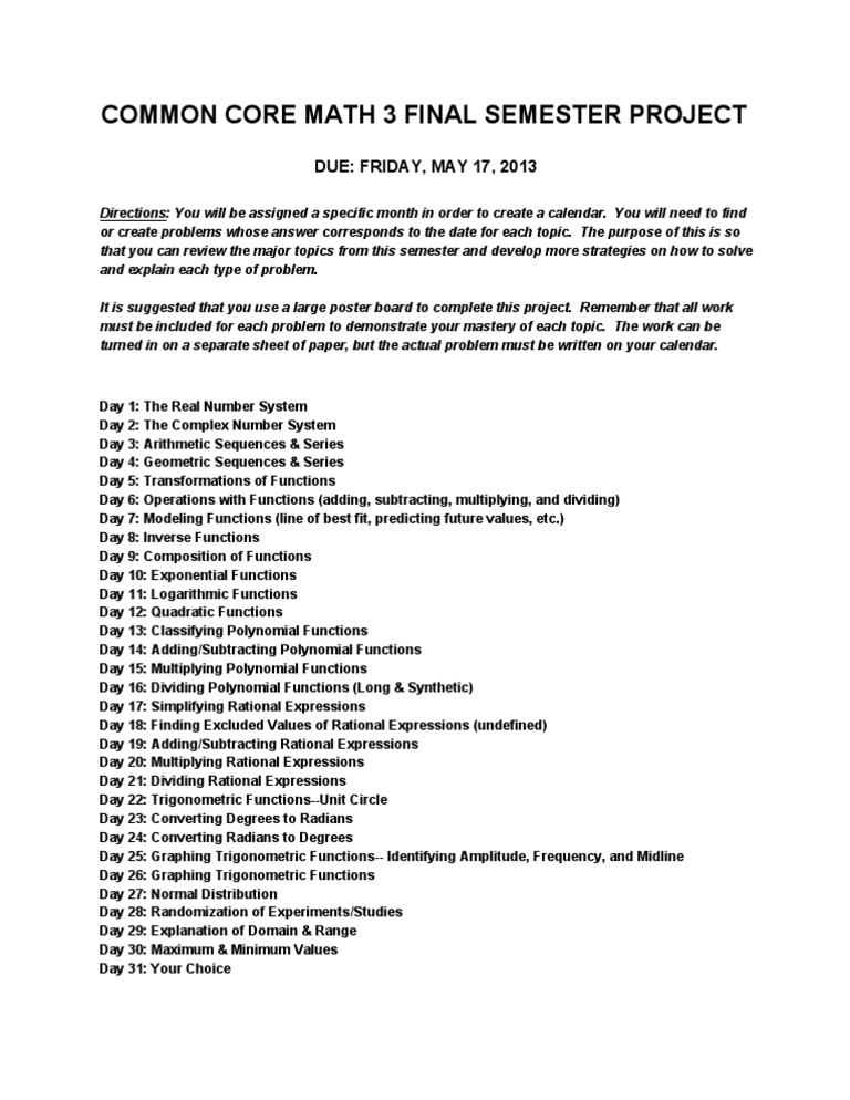 Common Core Math Project Calendar | PDF