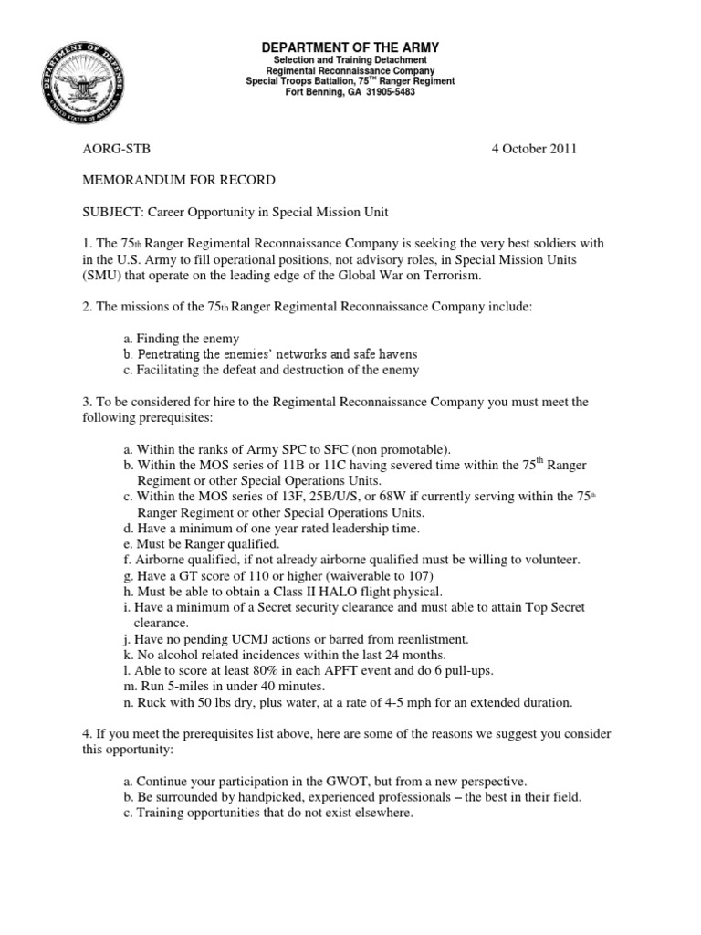 75th Ranger Regimental Reconnaissance Company Recruiting Memorandum