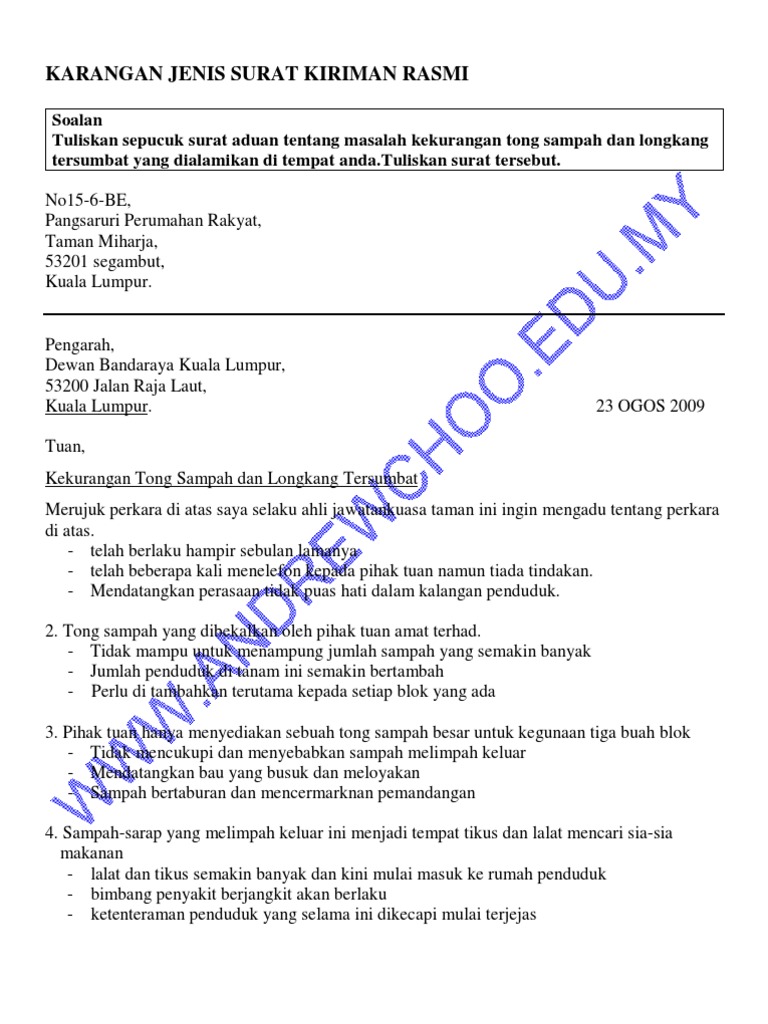 Surat Kiriman Rasmi Kekurangan Tong Sampah Dan Longkang Tersumbat