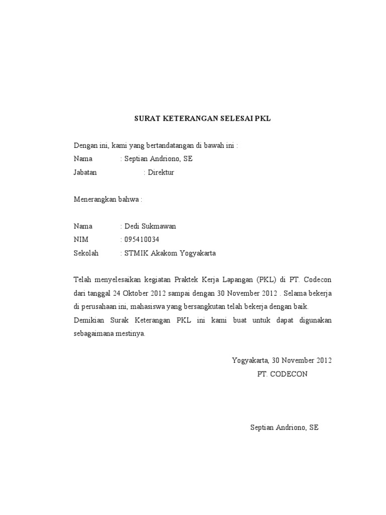 Surat Keterangan Seesai Pkl