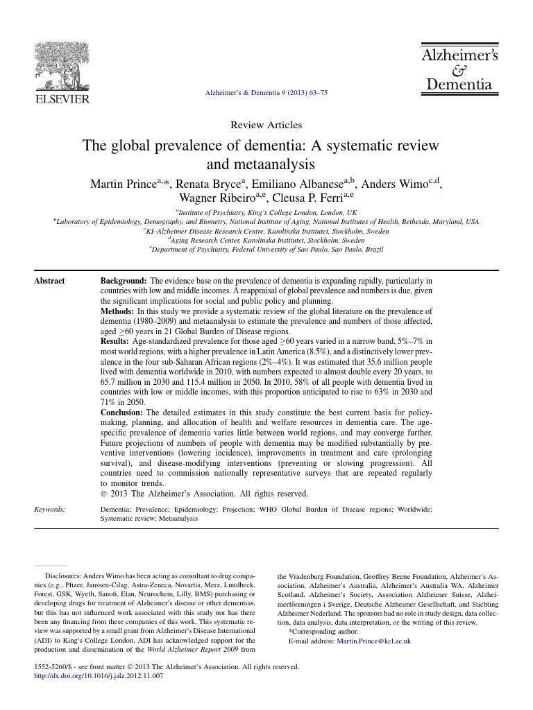 The Global Prevalence of Dementia - A Systematic Review | Dementia ...