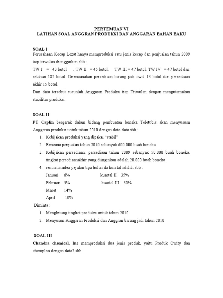 Latihan Soal Anggaran Produksi Dan Anggaran Bahan Baku