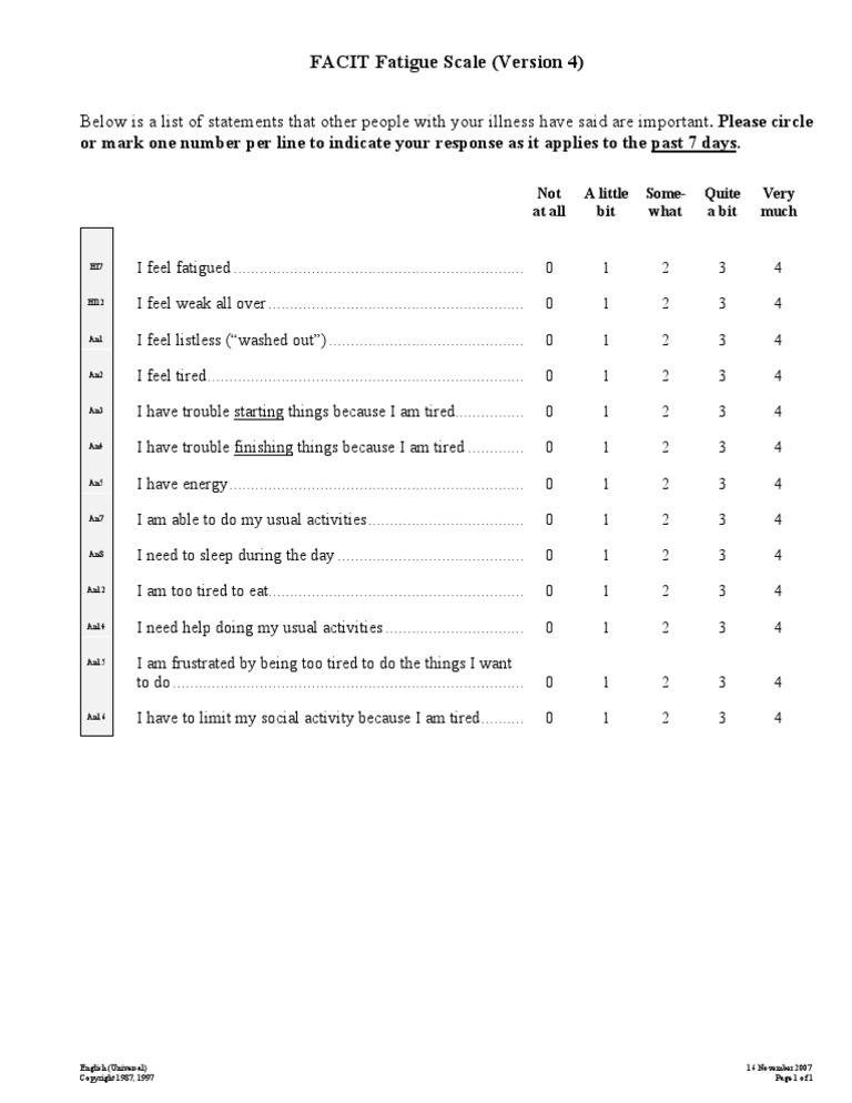 FACIT-FatigueScale ENG Final Ver4 16nov07 | PDF