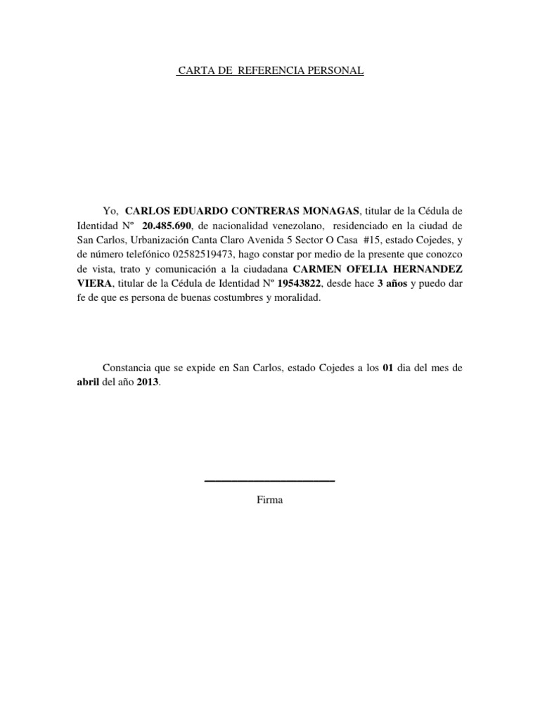 Carta de Referencia Personal