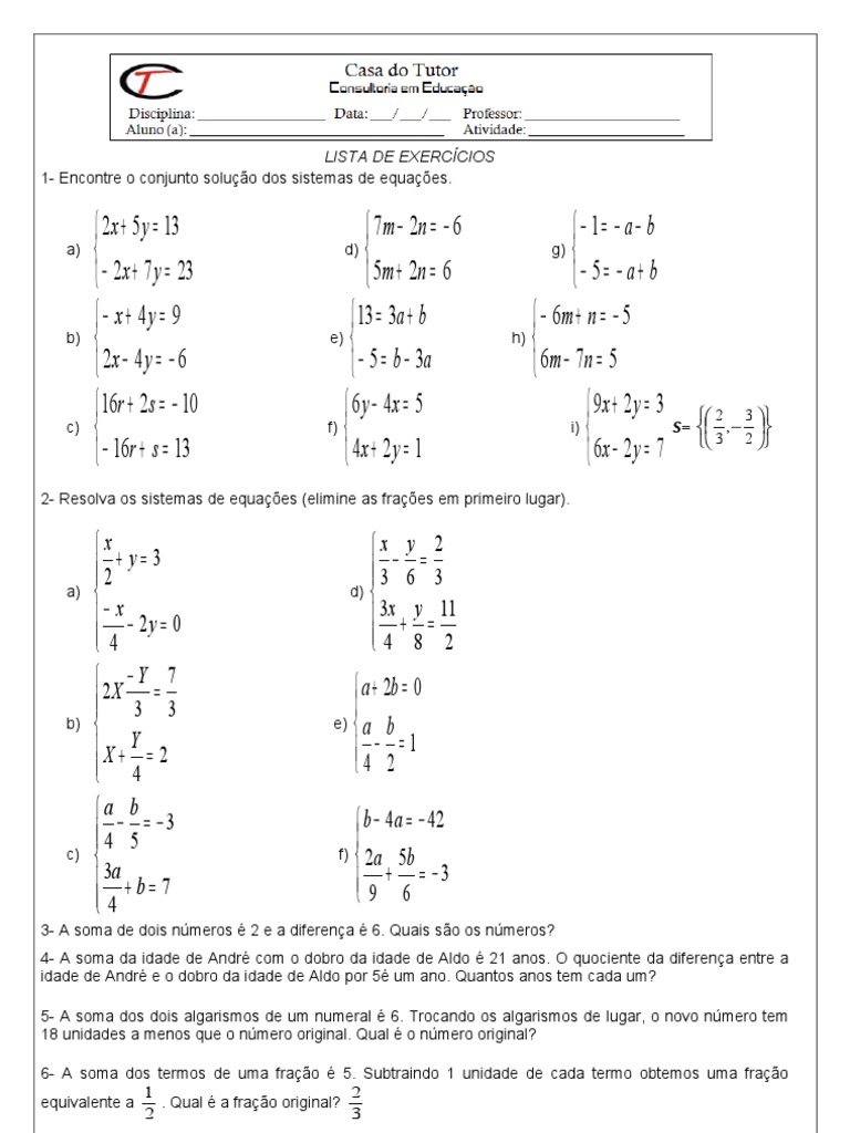 Sistema de Equaçoes 1 Grau | PDF | Fração (Matemática) | Matemática ...