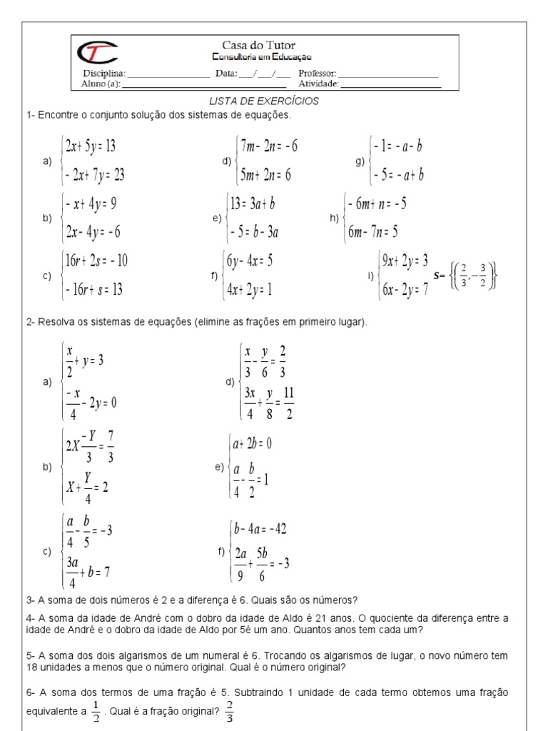 lista de exercicios de matematica equação do 1 grau