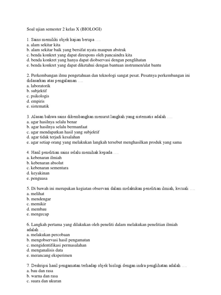 Soal Ujian Semester 2 Kelas X BIOLOGI Soal Ujian Semester 2 Kelas X BIOLOGI