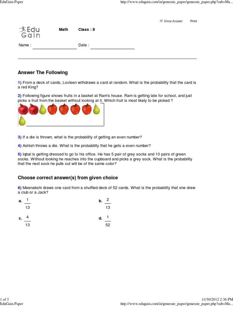 Probability Questions for Class 8 Math | PDF | Games & Activities