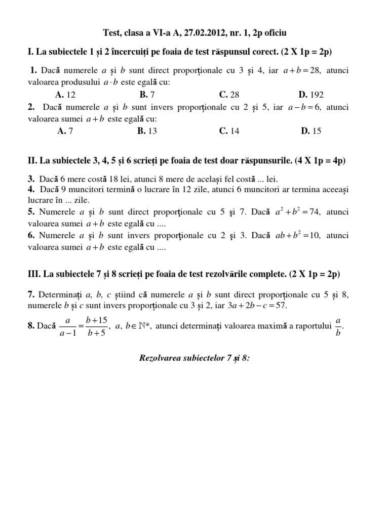 Test Clasa A VI-A Algebra | PDF