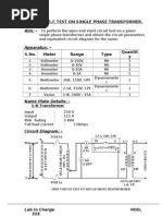 1.o.c & S.C T Test On Single Phase Transformer