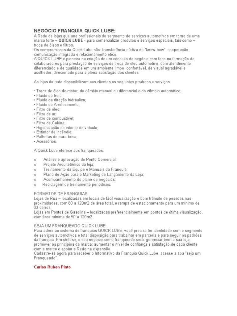 NEGÓCIO FRANQUIA QUICK LUBE PDF Empreendedorismo Carro