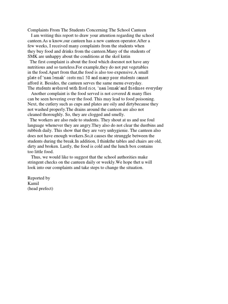 Complaints From The Students Concerning The School Canteen PDF Home