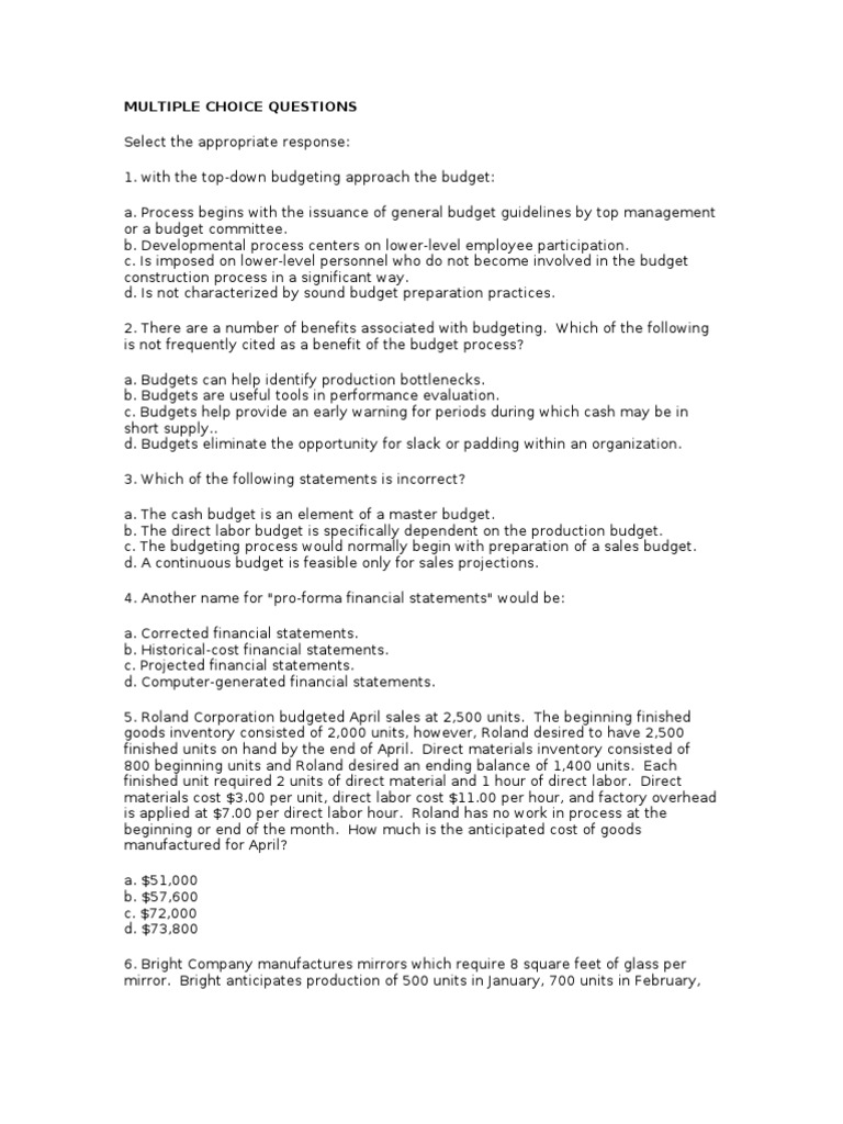 Multiple Choice Questions | PDF | Inventory | Budget