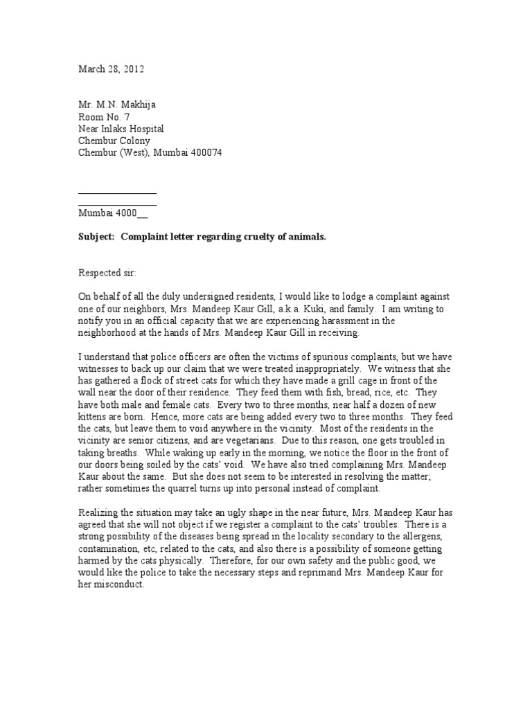 Complaint Letter  PDF  Cats  Police