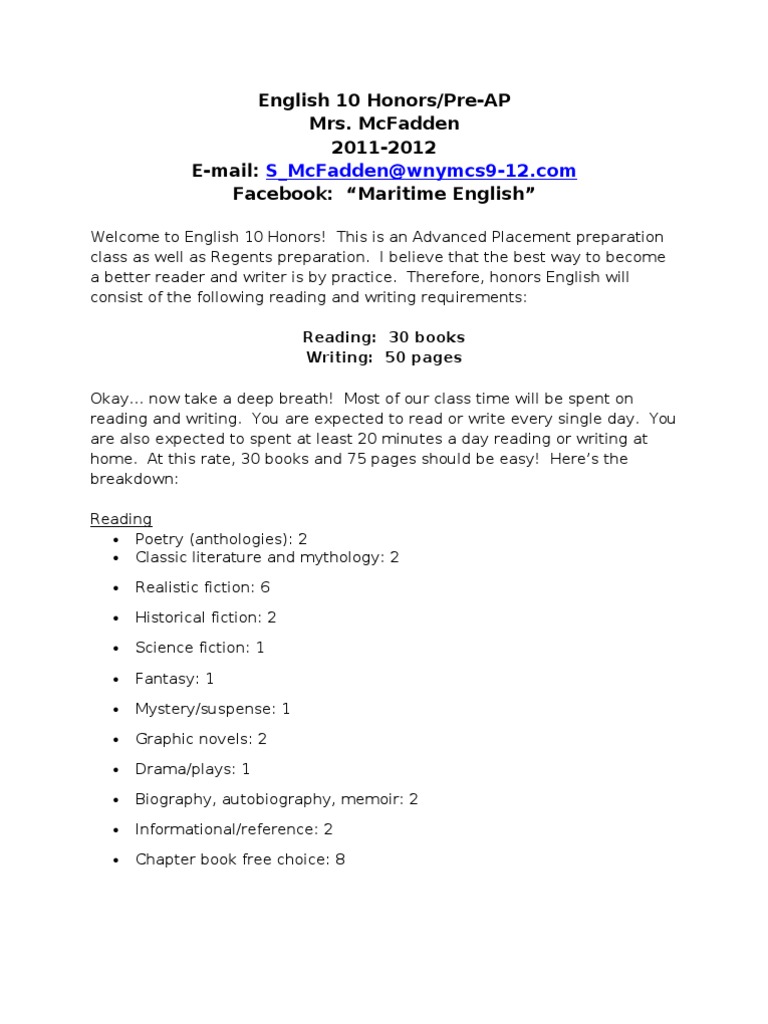 english 10 honors syllabus Homework Reading (Process)
