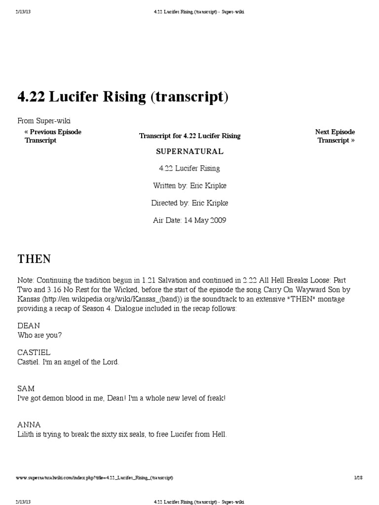4.22 Lucifer Rising (Transcript) - Super-Wiki | PDF | Characters Of ...