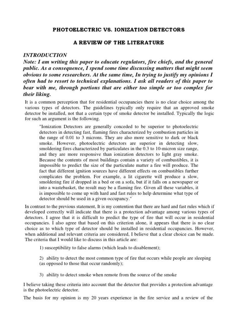 Photoelectric Vs Ionization Detectors A Review of The Literature