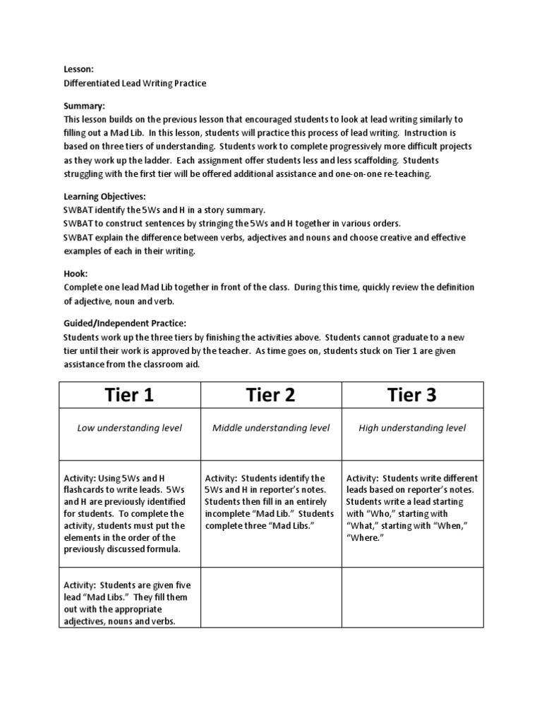 Differentiated Lead Writing Lesson  PDF
