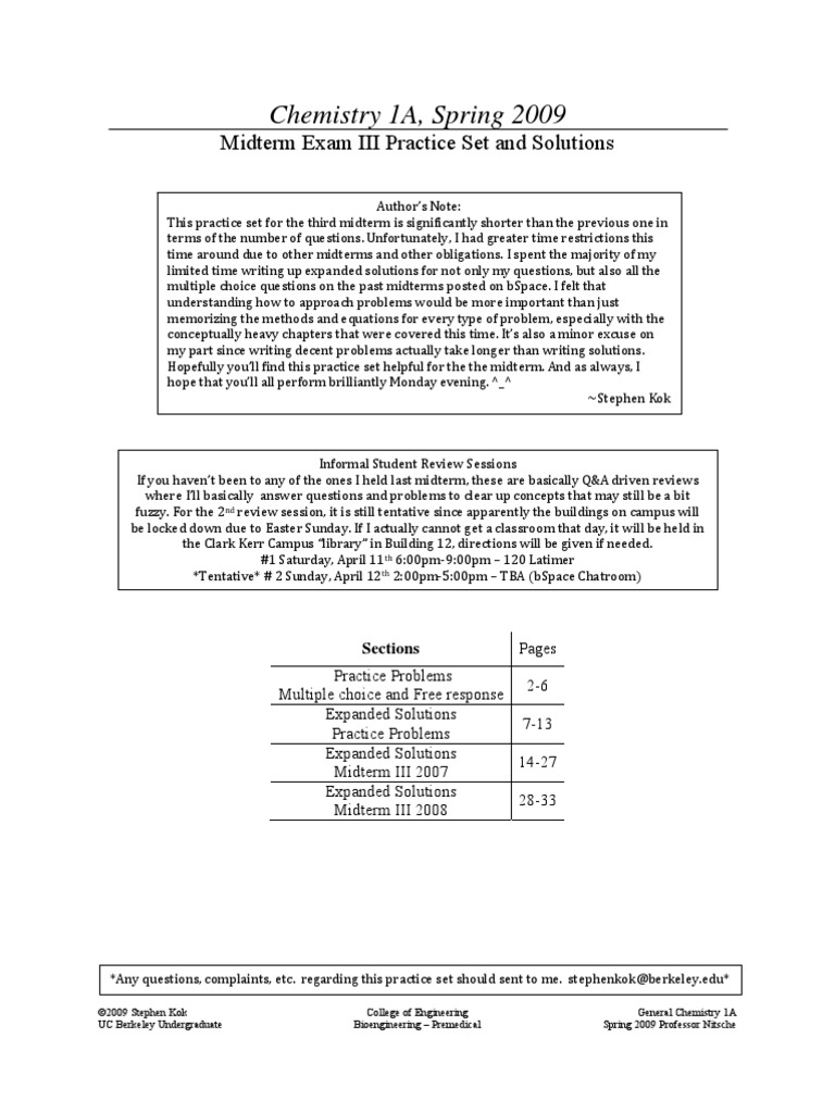 Chem 1A Midterm 3 Practice Set | PDF | Gases | Mole (Unit)